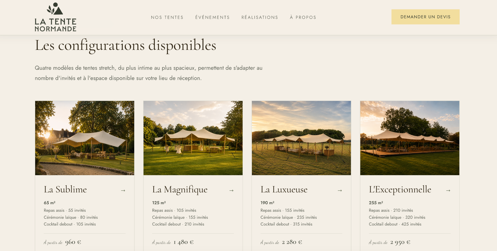 Page des configurations de tentes La Tente Normande