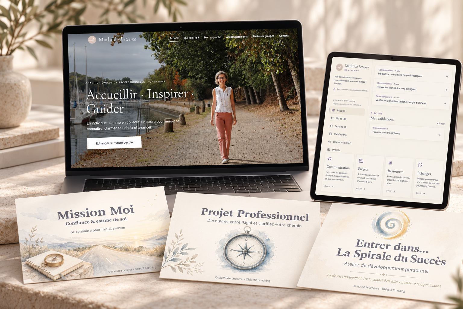 Écosystème Mathilde Letierce réunissant site web, cockpit client et supports de coaching