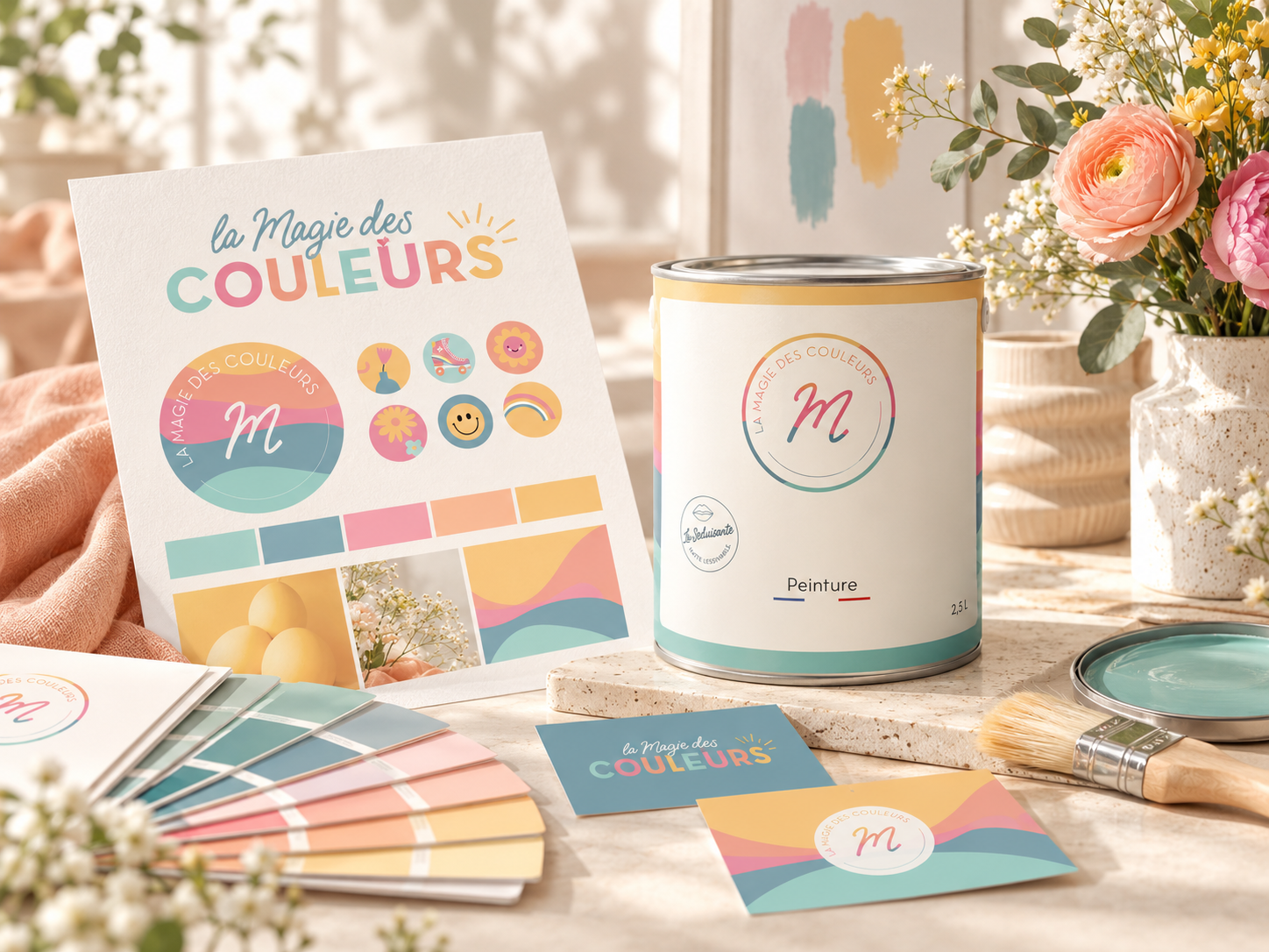 Univers de marque La Magie des Couleurs avec identité visuelle, palette, support imprimé et pot de peinture