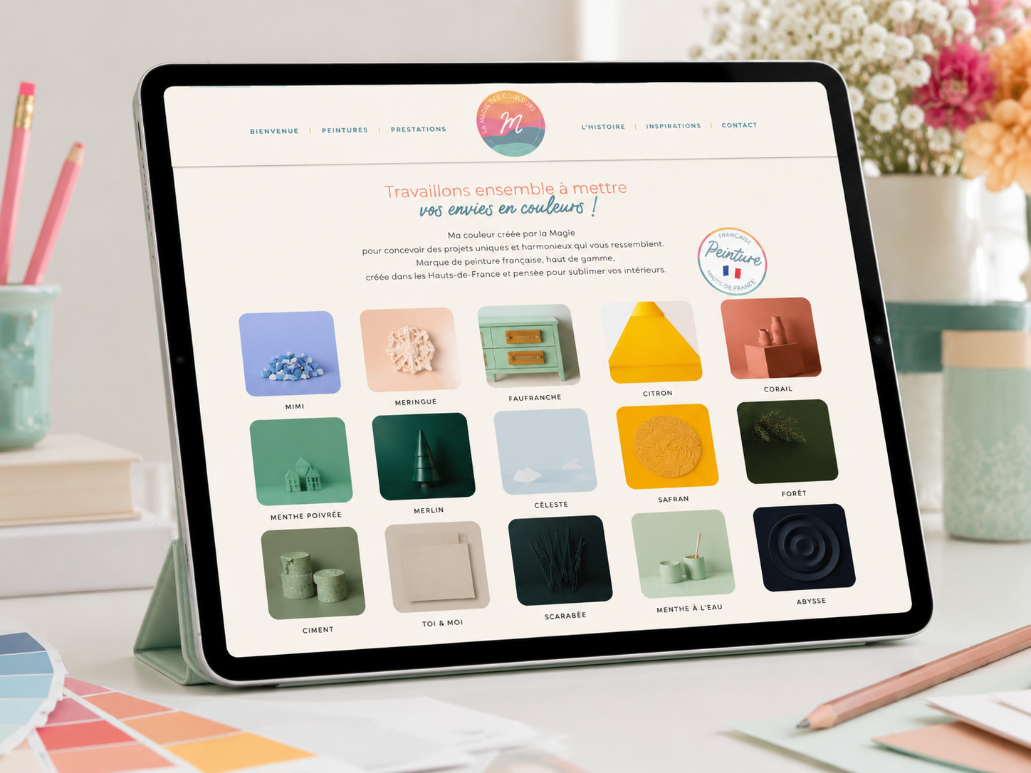 Site de La Magie des Couleurs présenté sur tablette, visuel utilisé sur la page Image & présence