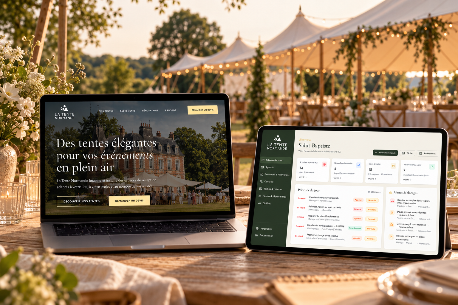 Écosystème La Tente Normande réunissant le site web et le cockpit métier dans une même mise en scène