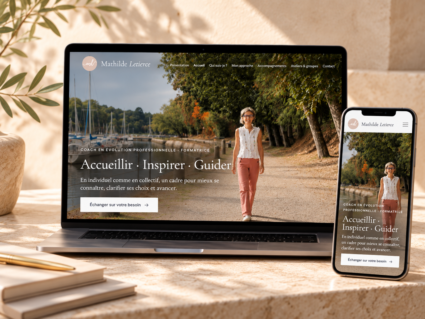 Présence digitale de Mathilde Letierce déclinée sur ordinateur et mobile
